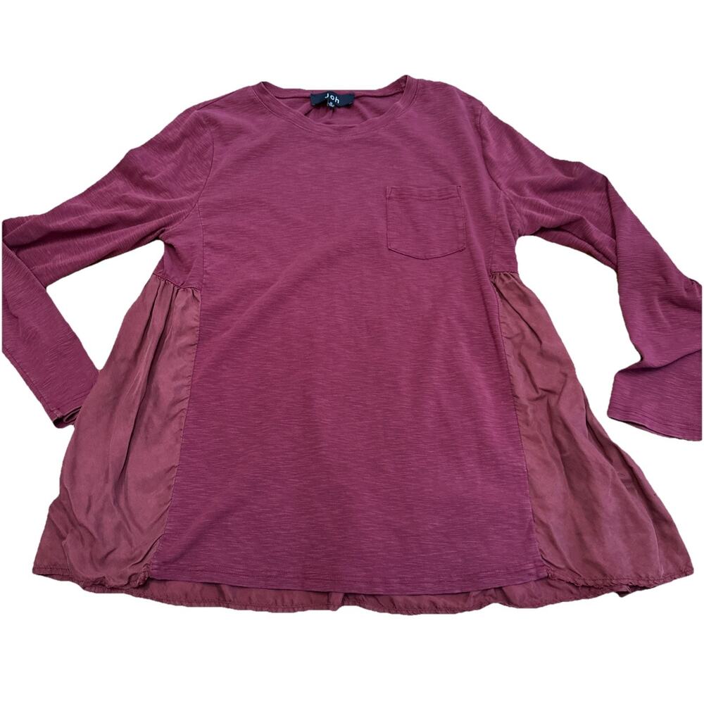 JOH Burgundy Scoop Neck Top Aline Cotton Size MD Comfy Base Pocket Ruffle Tee